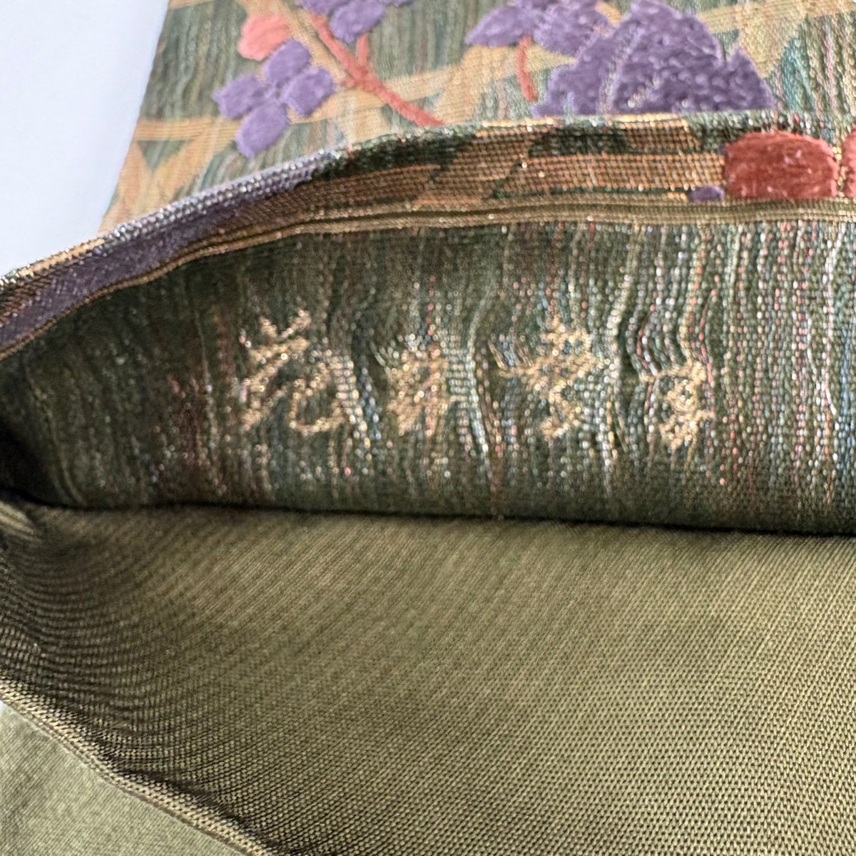 袋帶 名品級 花井幸子 落款あり お仕覆 草花紋 唐織 金金箔 茶綠 六通 純蠶絲