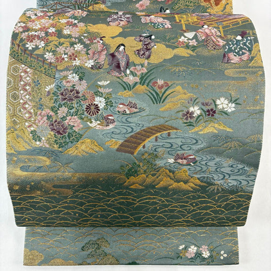 【美品】 袋帶 名品級 人物 花鳥 金金箔 金絲 灰綠 全通 純蠶絲
