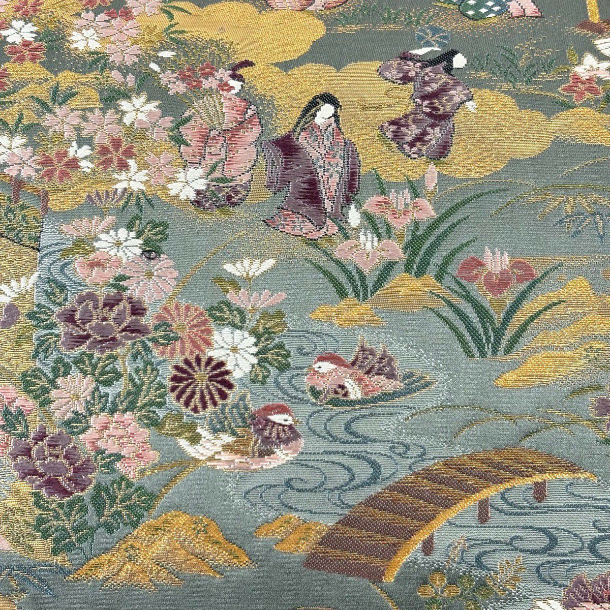 【美品】 袋帶 名品級 人物 花鳥 金金箔 金絲 灰綠 全通 純蠶絲