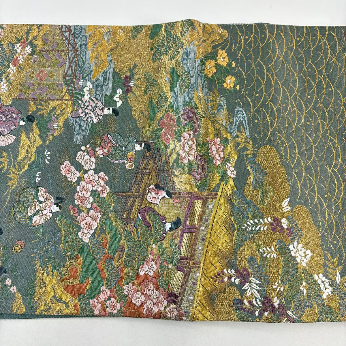 【美品】 袋帶 名品級 人物 花鳥 金金箔 金絲 灰綠 全通 純蠶絲
