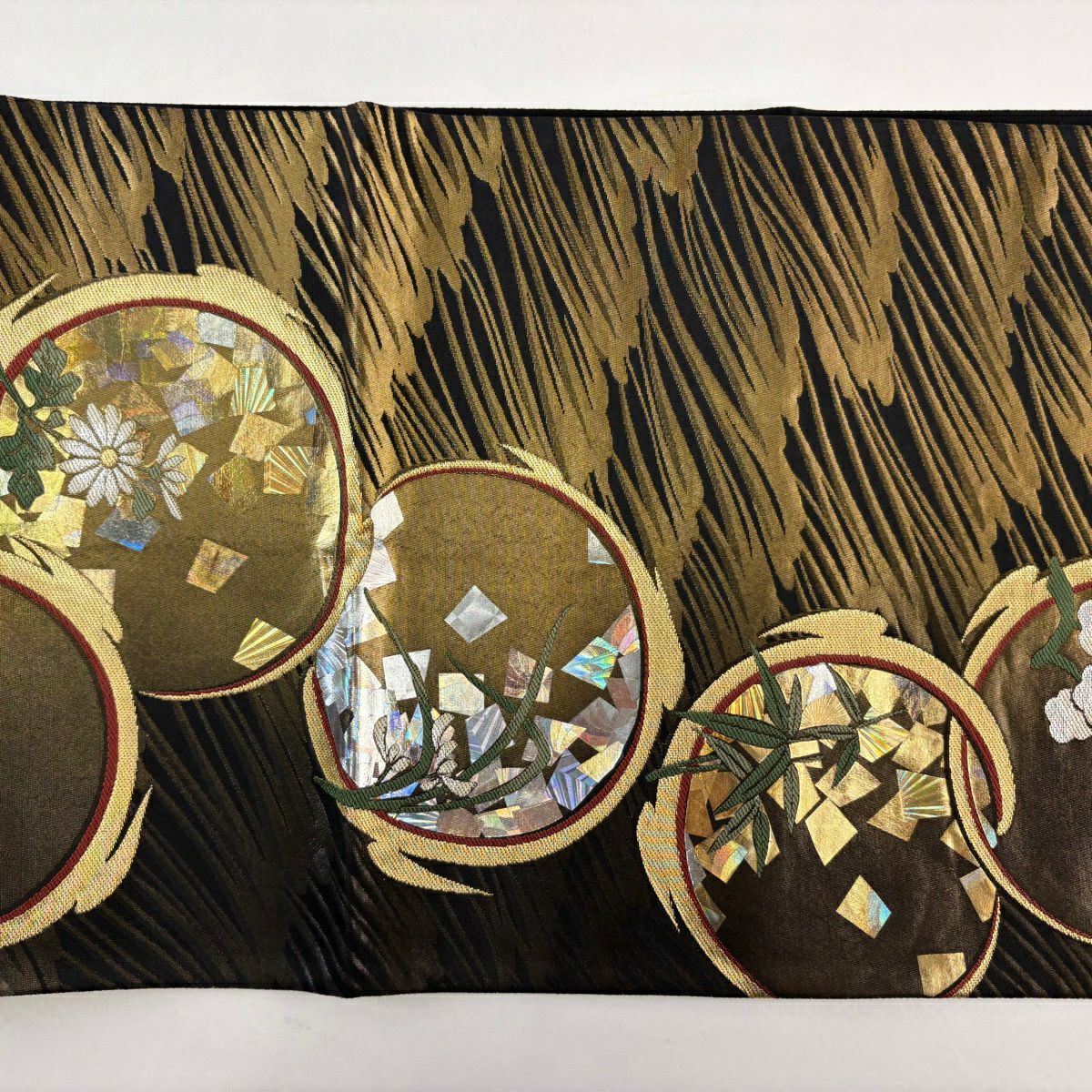 【美品】 袋帶 名品級 堀省平 落款 菊花花 梅花花 金銀線 金金箔 金色 大鼓圖案 純蠶絲