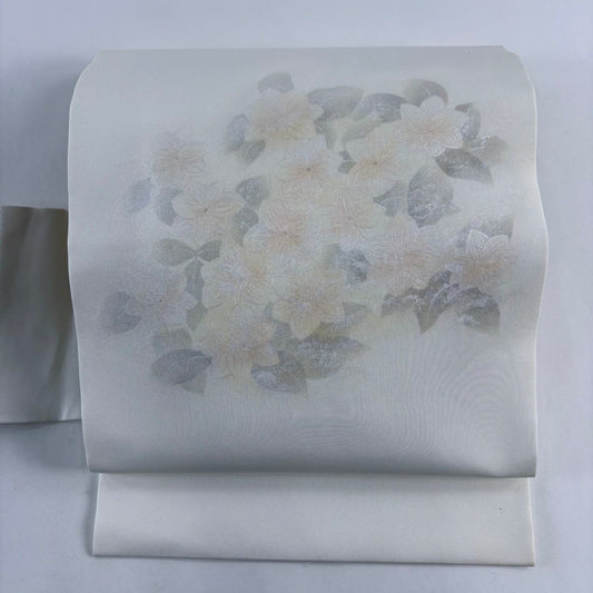 名古屋帶 秀品級 草花紋 白 純蠶絲