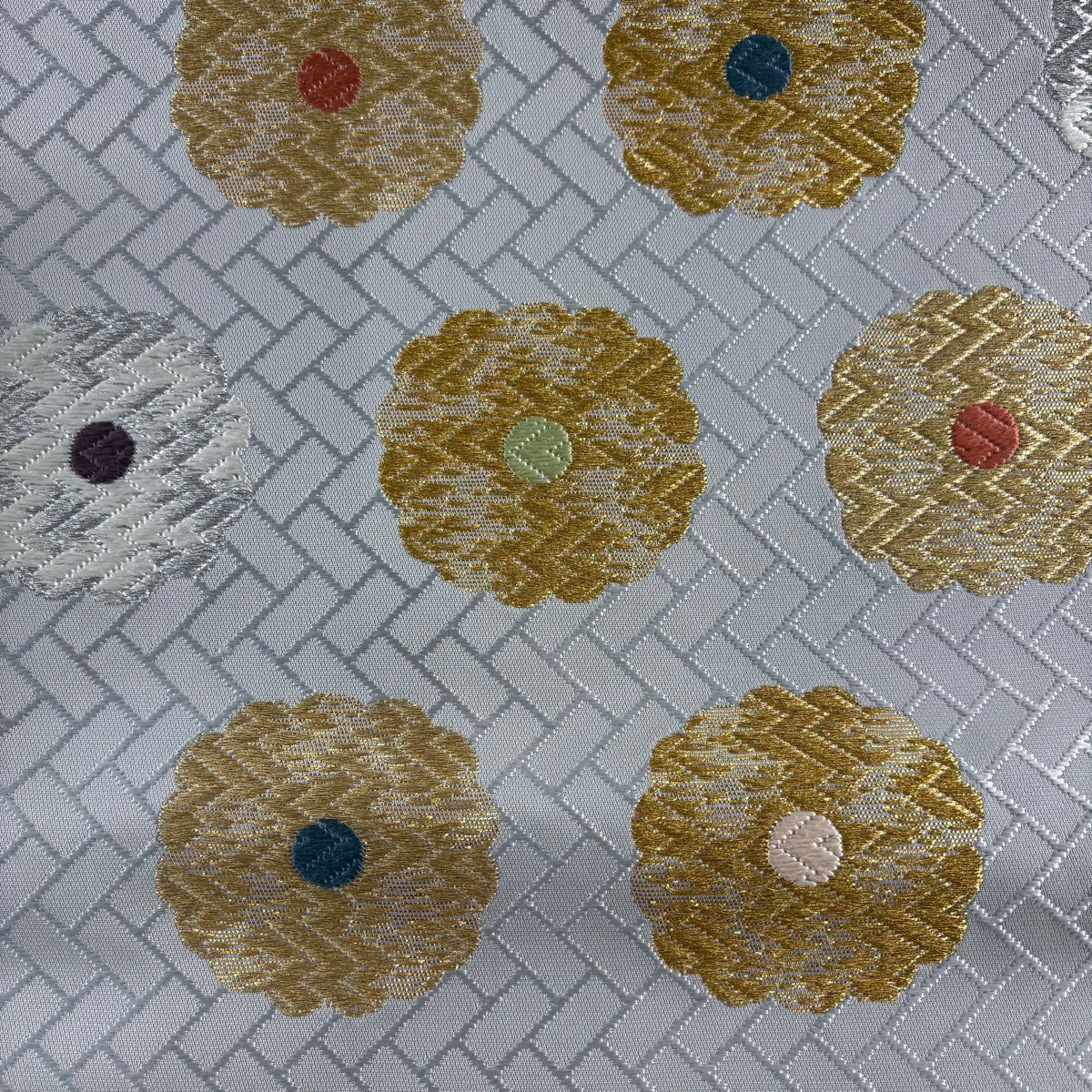 【美品】 名古屋帶 秀品級 花 桧垣 金銀彩 灰色 純蠶絲