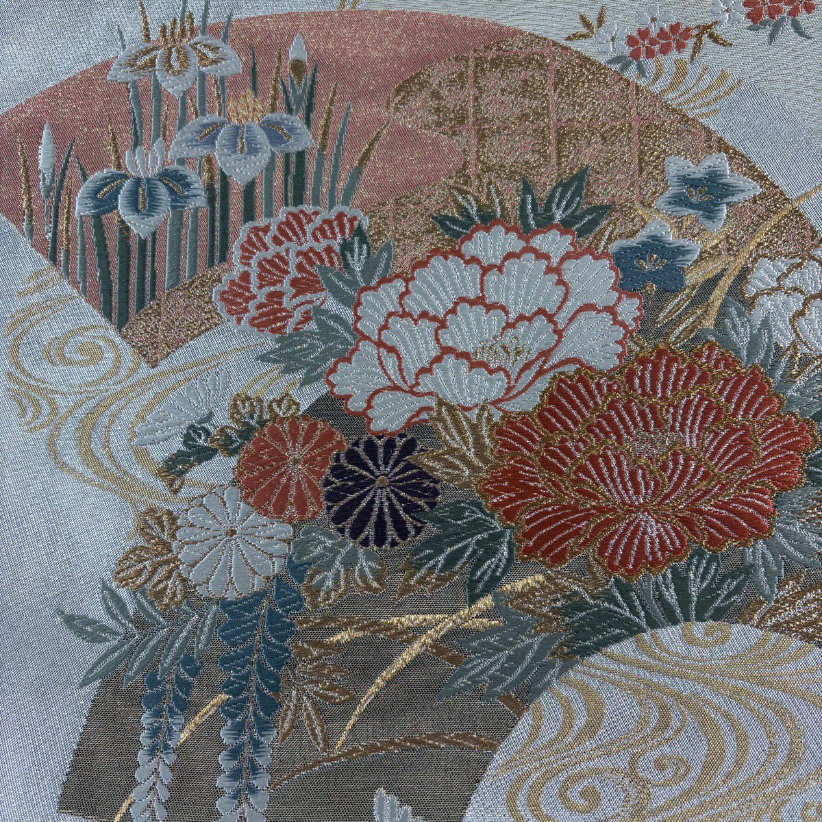 【美品】 袋帶 秀品級 扇子面 草花紋 金銀彩 金金箔 銀 六通 純蠶絲