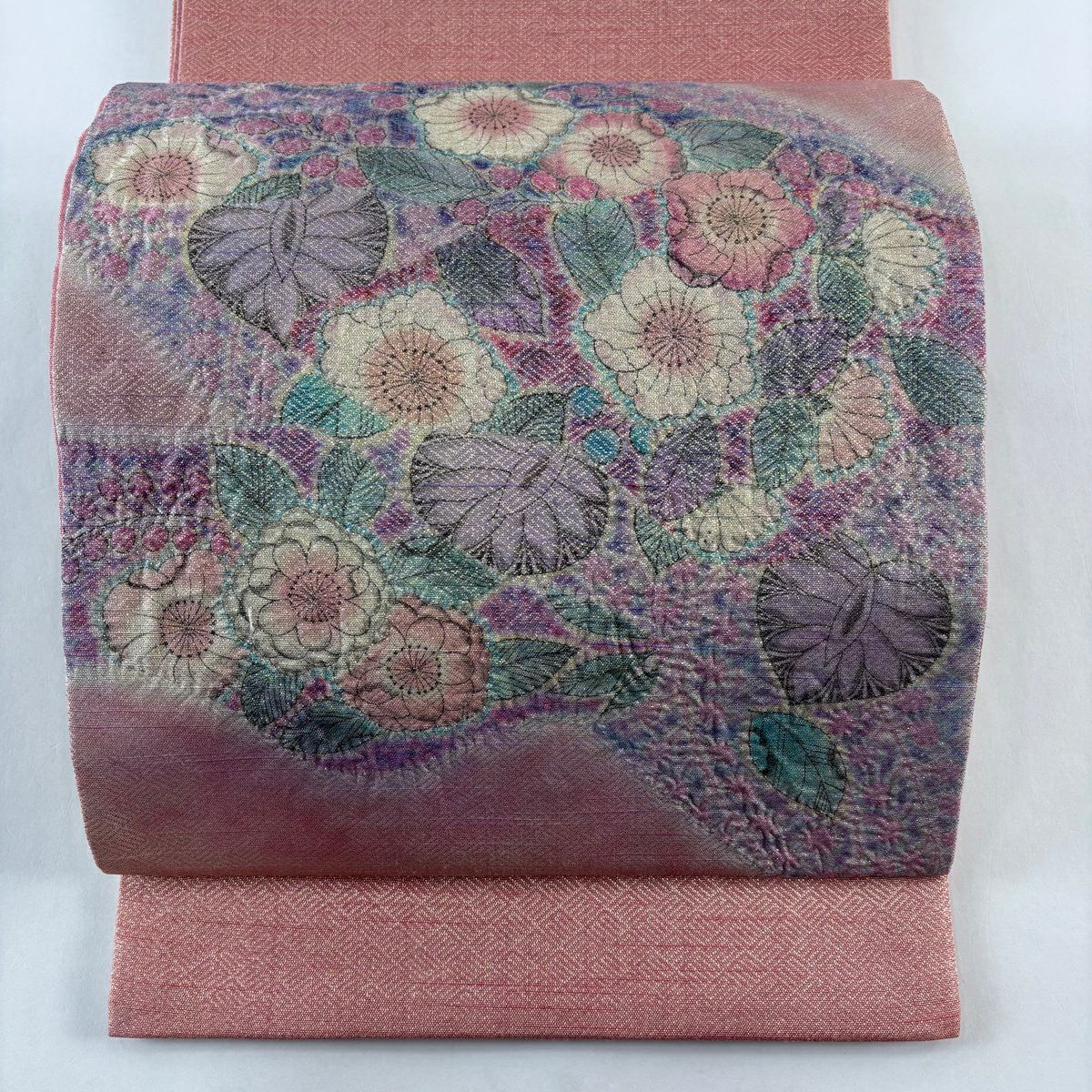 【美品】 袋帶 秀品級 草花紋紋 金絲 金金箔 粉紅色 大鼓圖案 純蠶絲