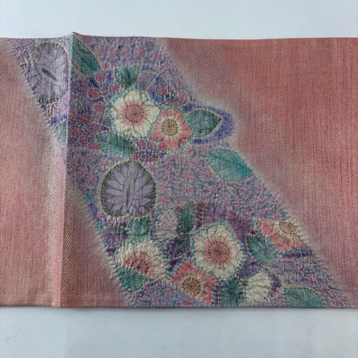 【美品】 袋帶 秀品級 草花紋紋 金絲 金金箔 粉紅色 大鼓圖案 純蠶絲