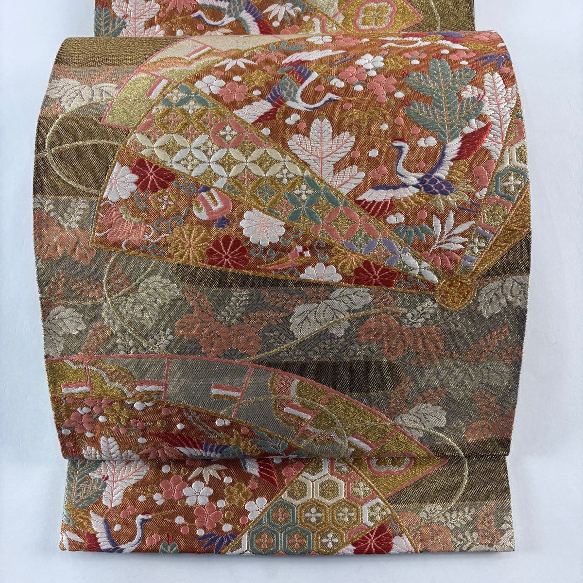 【美品】 袋帶 秀品級 有落款 桧扇子 仙鶴 金絲 金金箔 金色 六通 純蠶絲