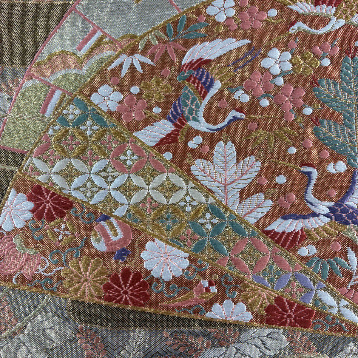 【美品】 袋帶 秀品級 有落款 桧扇子 仙鶴 金絲 金金箔 金色 六通 純蠶絲