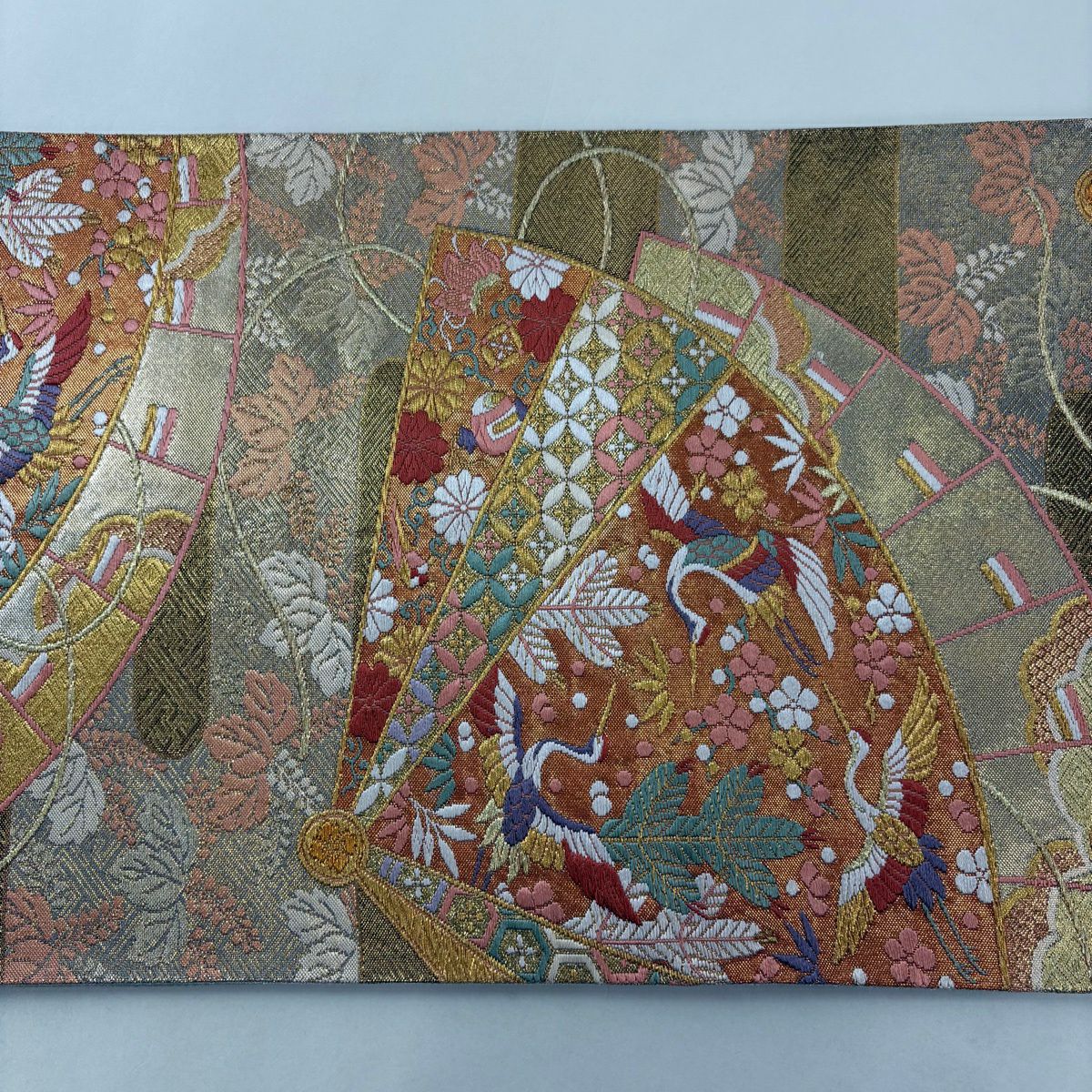 【美品】 袋帶 秀品級 有落款 桧扇子 仙鶴 金絲 金金箔 金色 六通 純蠶絲