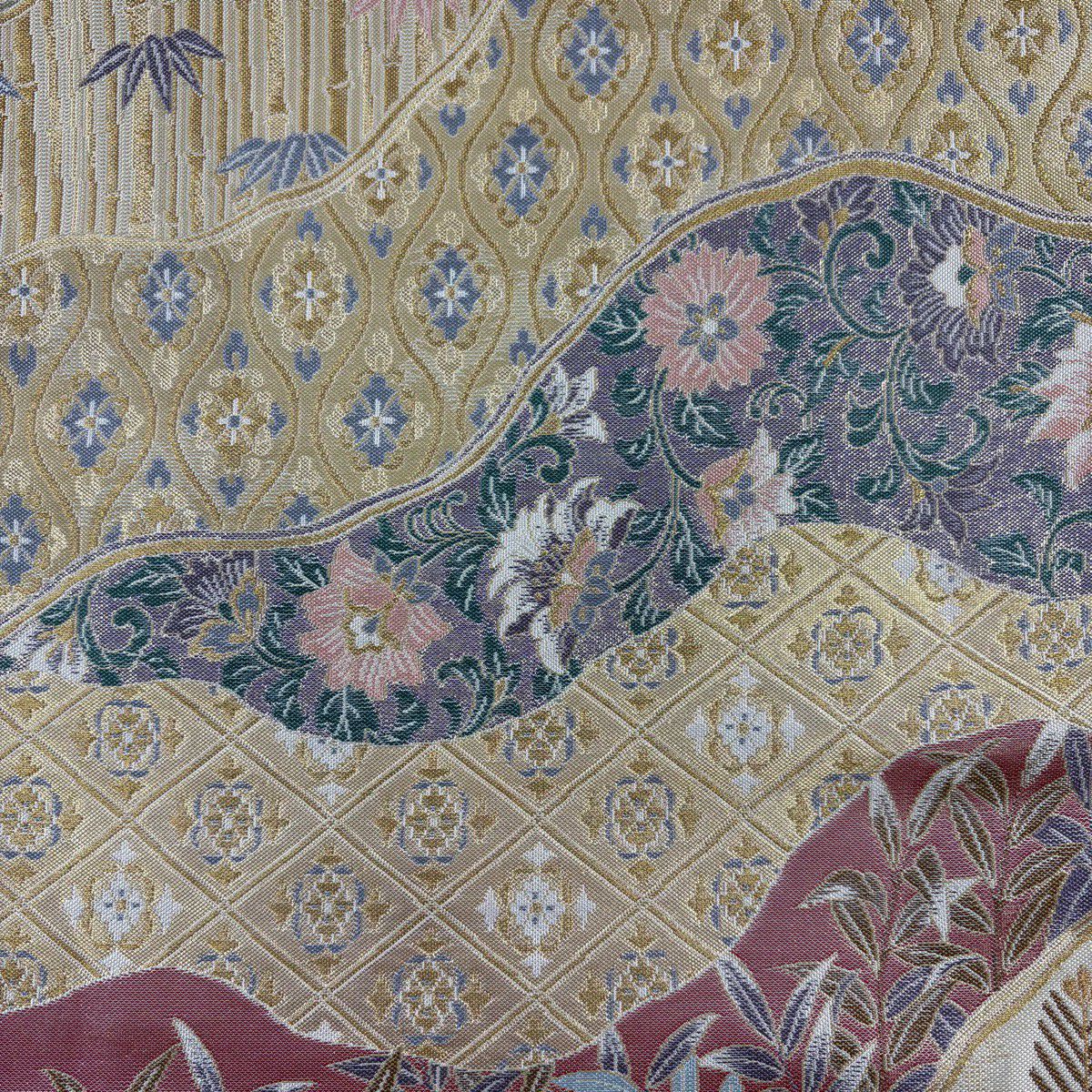 【美品】 袋帶 秀品級 花唐草紋 松樹葉 金絲 金金箔 金色 六通 純蠶絲