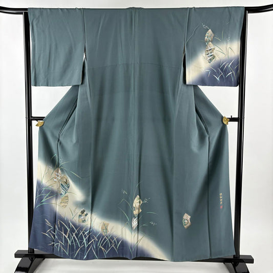 訪問服 身長158cm 袖長63.5cm S 雙層 落款有 舟 仙鶴 螺鈿 金銀彩 灰綠 純蠶絲 名品級