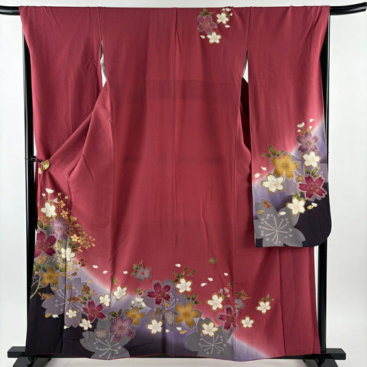 振袖禮服 身長159cm 袖長67.5cm L 雙層 鈴乃屋 櫻花 寶物滿載 金銀彩 漸層 深粉色 純蠶絲 名品級