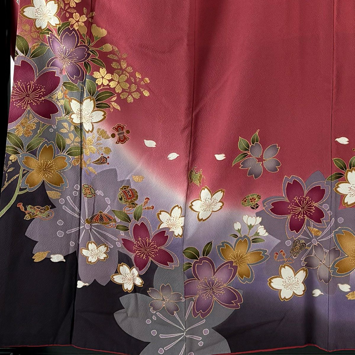 振袖禮服 身長159cm 袖長67.5cm L 雙層 鈴乃屋 櫻花 寶物滿載 金銀彩 漸層 深粉色 純蠶絲 名品級