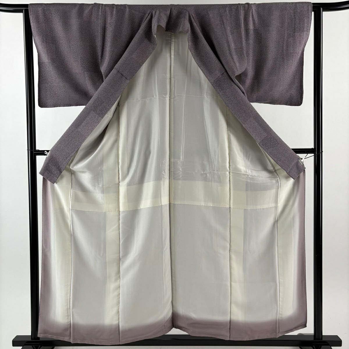 【美品】 江戶小紋 身長158.5cm 袖長62.5cm S 雙層 落款あり 寄せ花 扇子 灰紫 純蠶絲 名品級