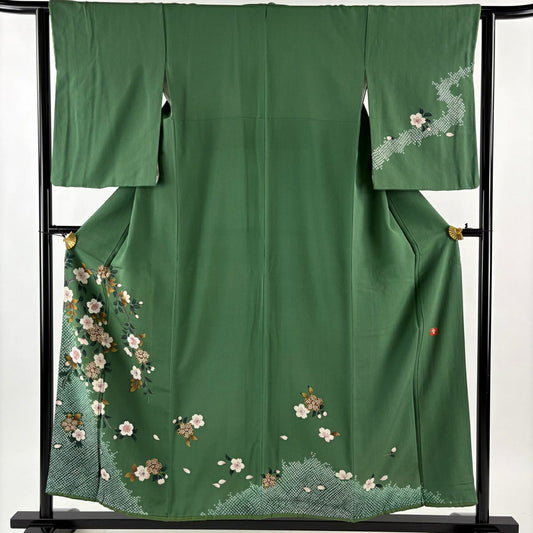 付下 身長156cm 袖長62cm S 雙層 花井幸子 ふき棉仕立 落款あり 櫻花 疋田紋 刺繡 金線 綠色 純蠶絲 名品級
