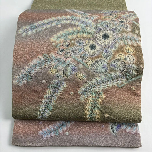 袋帶 名品級 附落款 辻花染圖案 金線 漸變 灰綠色 大鼓圖案 純蠶絲