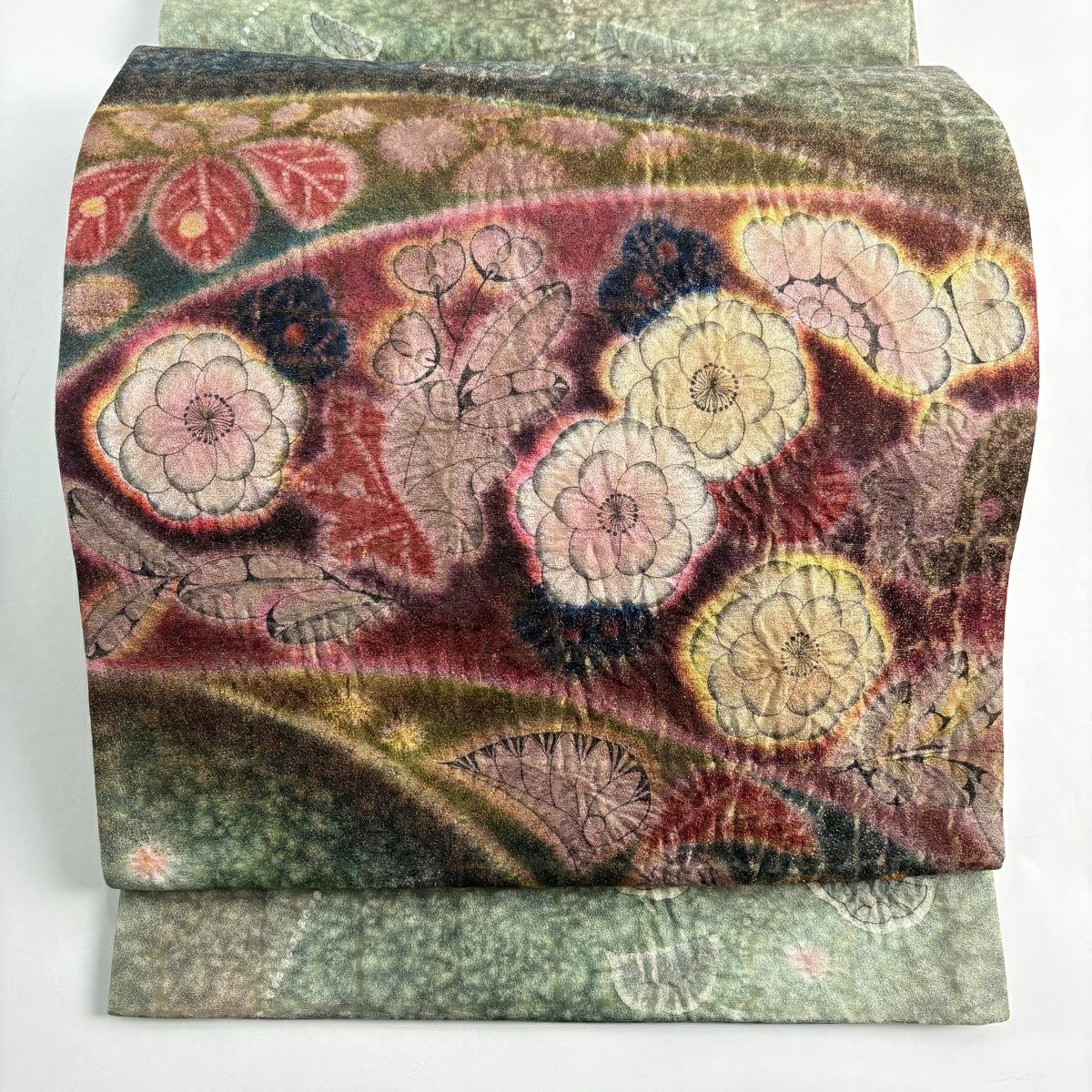 【美品】 袋帶 名品級 落款あり 辻花染 草花紋紋 金金箔 漸層 茶紫 お太鼓柄 純蠶絲