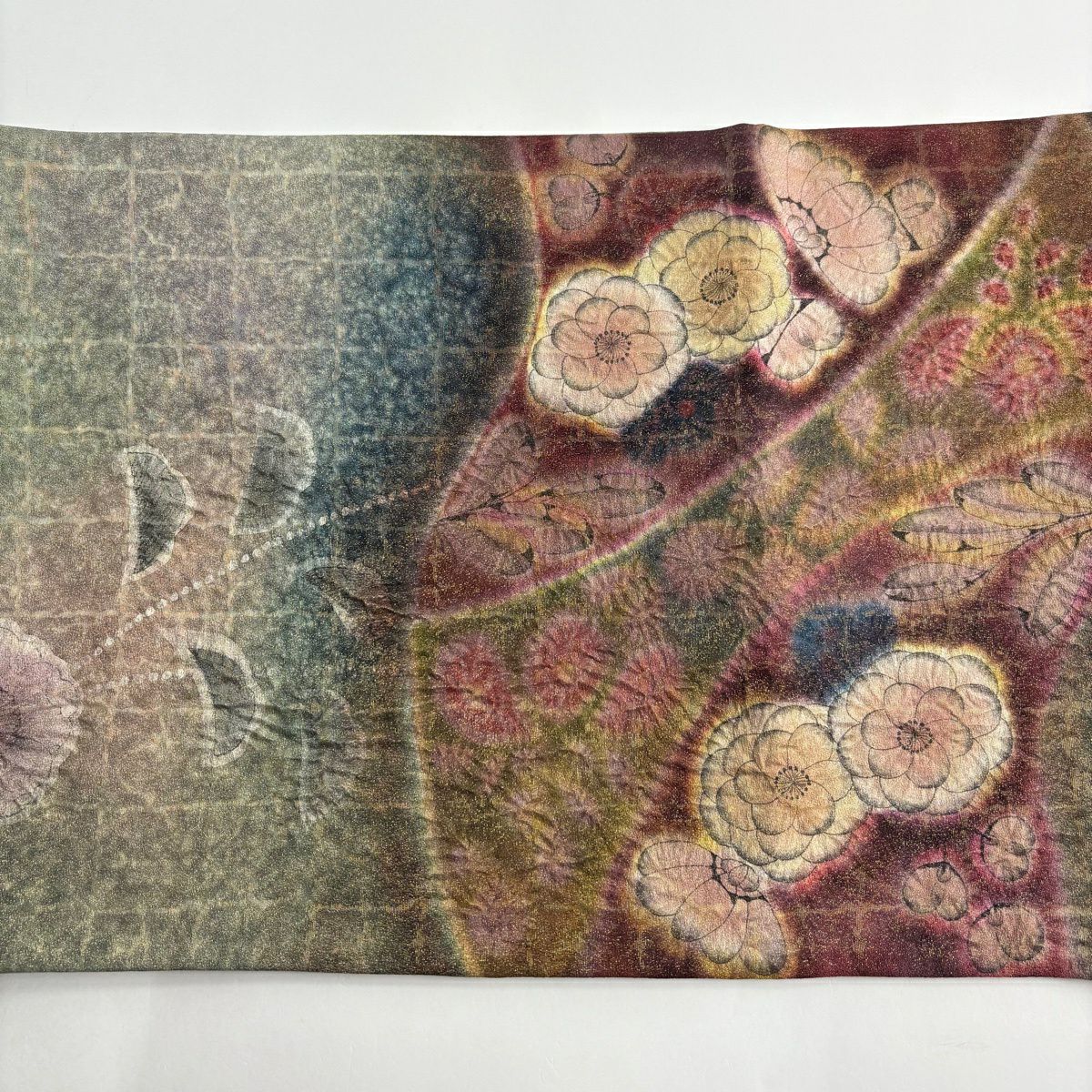 【美品】 袋帶 名品級 落款あり 辻花染 草花紋紋 金金箔 漸層 茶紫 お太鼓柄 純蠶絲