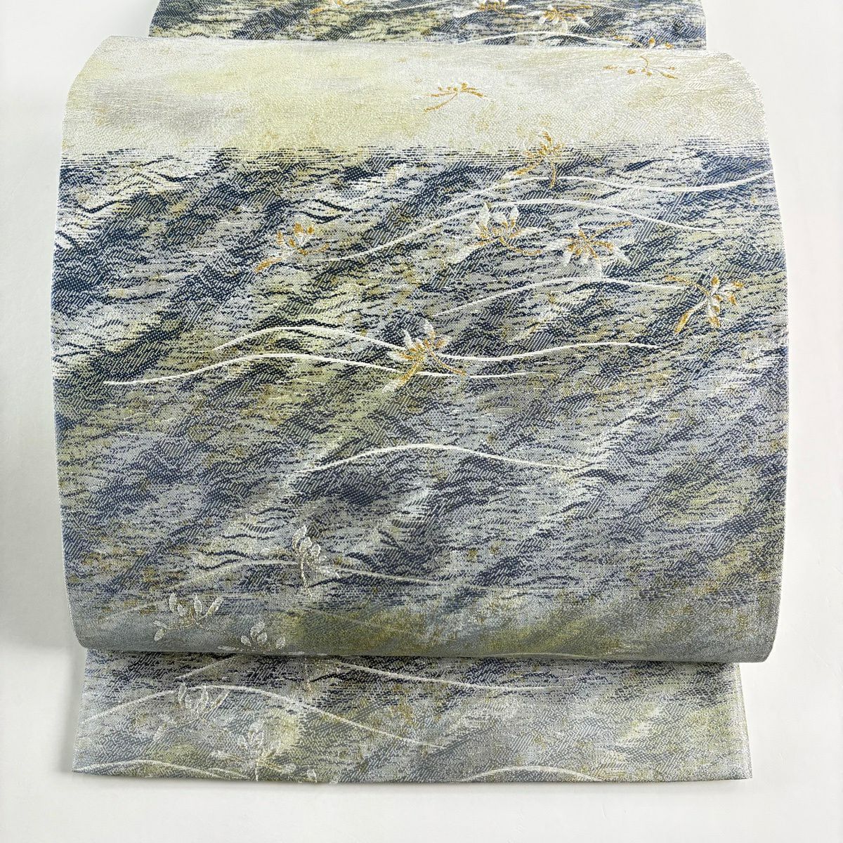 【美品】 袋帶 名品級 菊花霞 波 金銀彩 金金箔 青灰 六通 純蠶絲