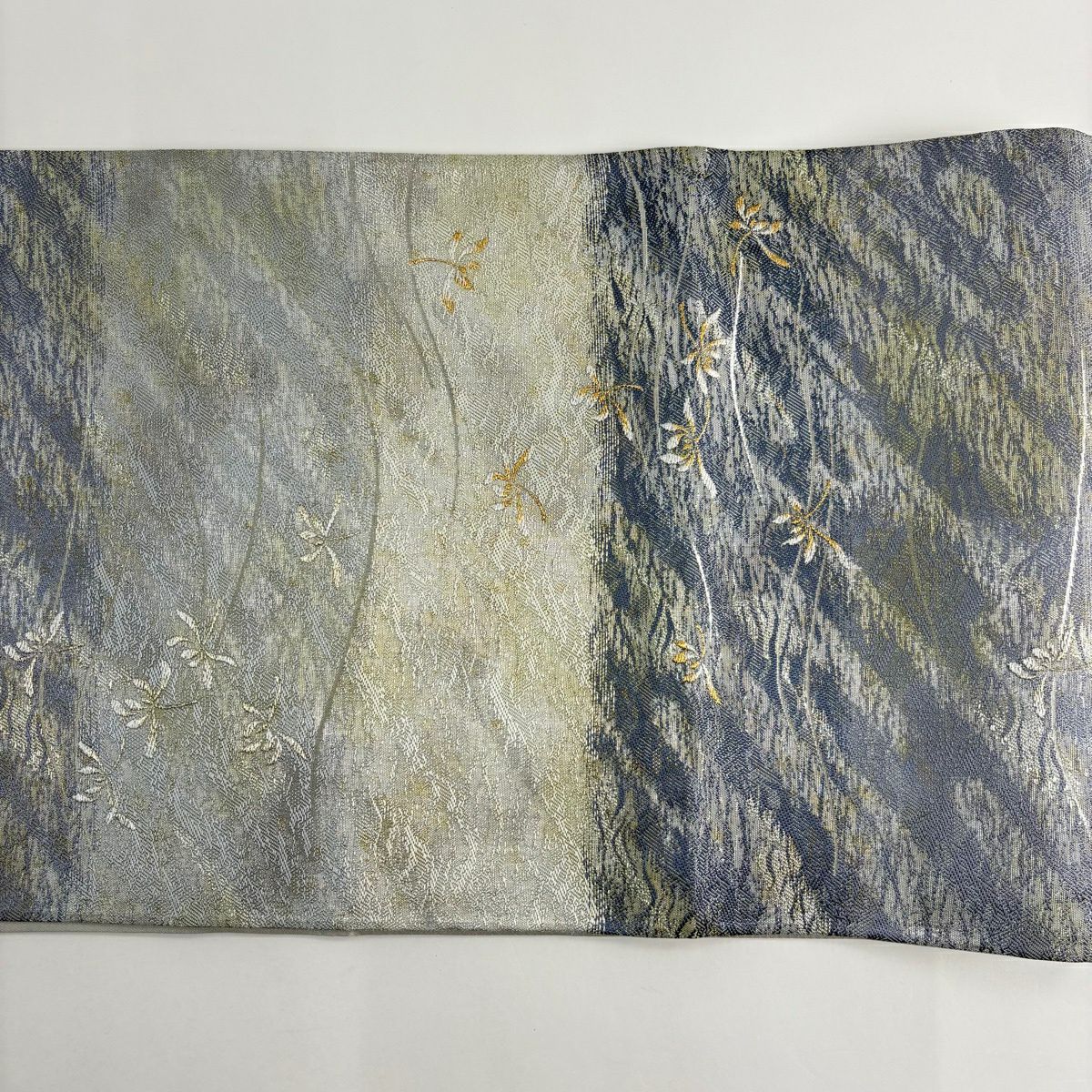 【美品】 袋帶 名品級 菊花霞 波 金銀彩 金金箔 青灰 六通 純蠶絲