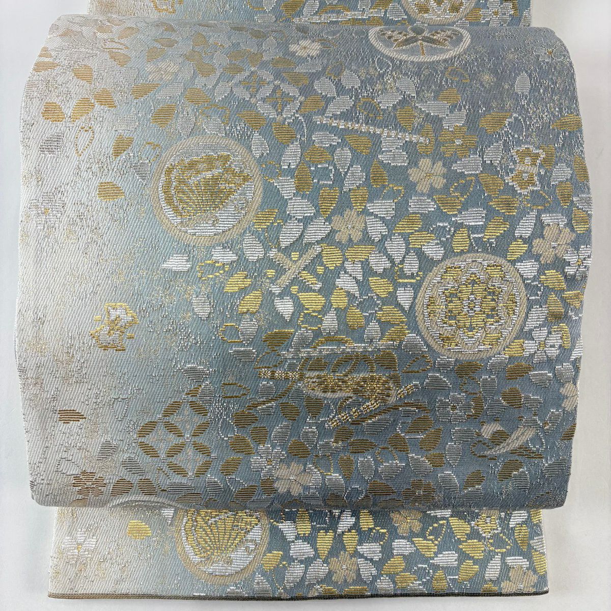 【美品】 袋帶 名品級 蝶 龍鳳呈祥 銀線 金金箔 灰 深藍 六通 純蠶絲