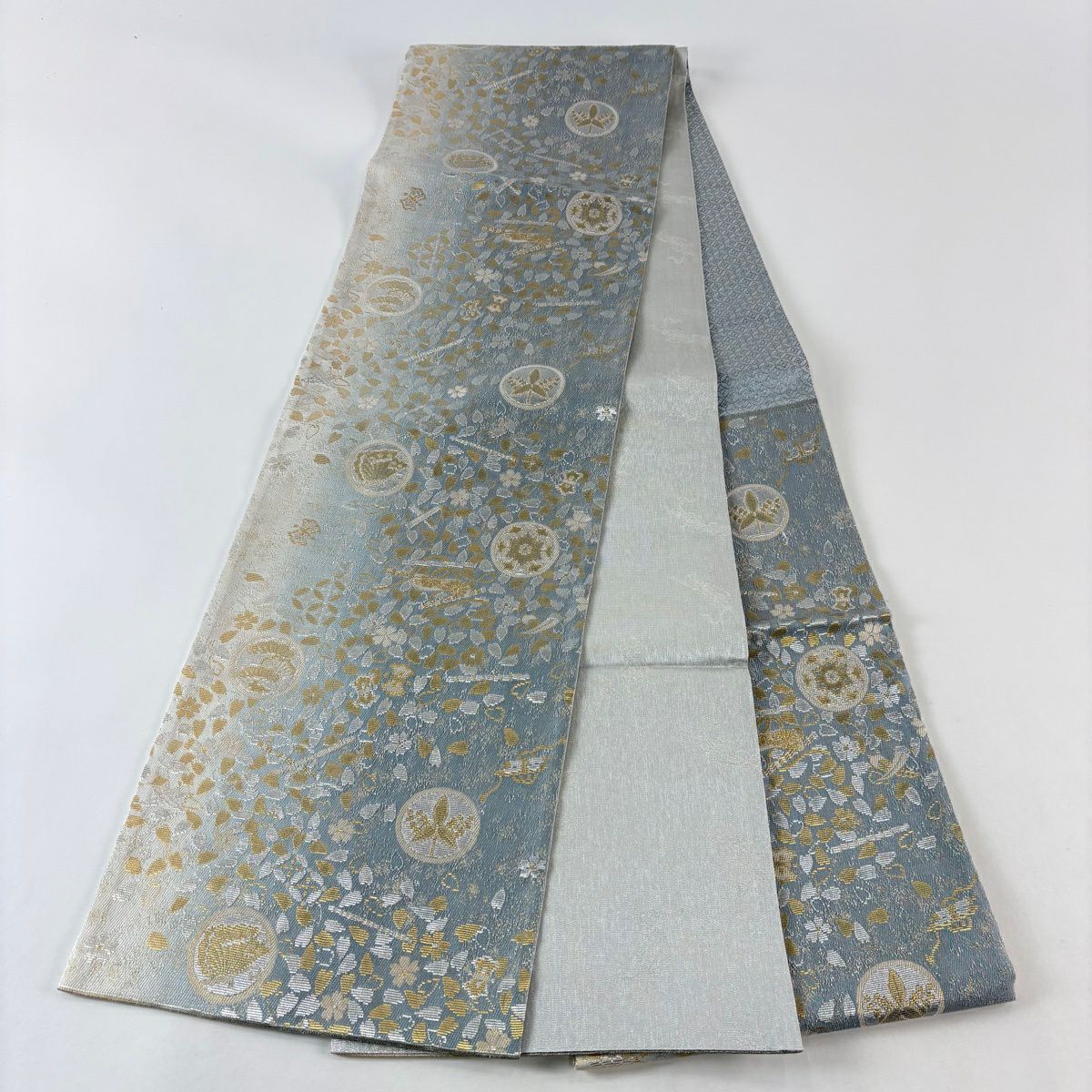 【美品】 袋帶 名品級 蝶 龍鳳呈祥 銀線 金金箔 灰 深藍 六通 純蠶絲