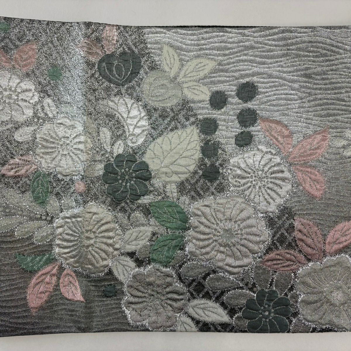 【美品】 袋帶 名品級 辻花染 銀線 金金箔 銀 六通 純蠶絲