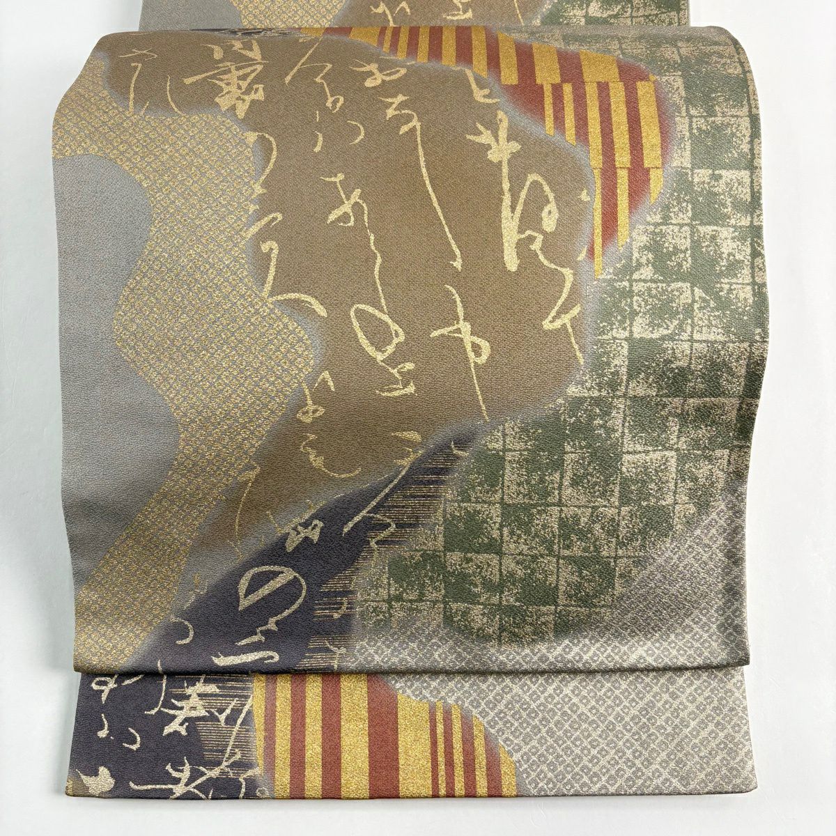 【美品】 袋帶 名品級 落款あり 一期一會 文字紋 金銀彩 灰茶 六通 純蠶絲