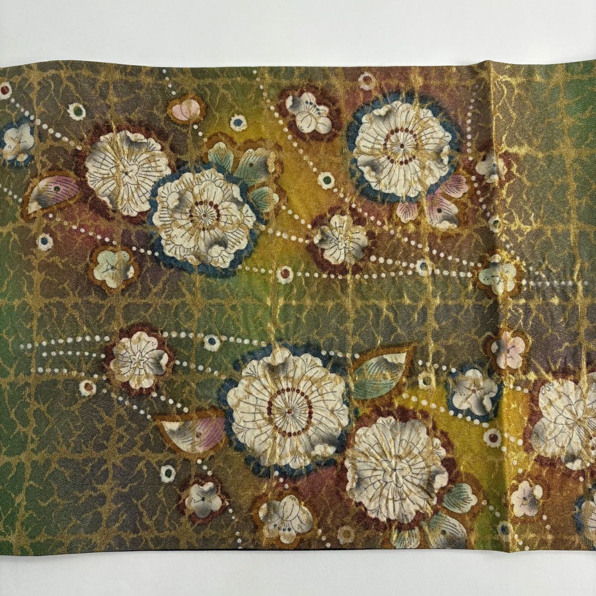 【美品】 袋帶 名品級 附有落款 草花紋 金糸 金金箔 艾草色 大鼓圖案 純蠶絲