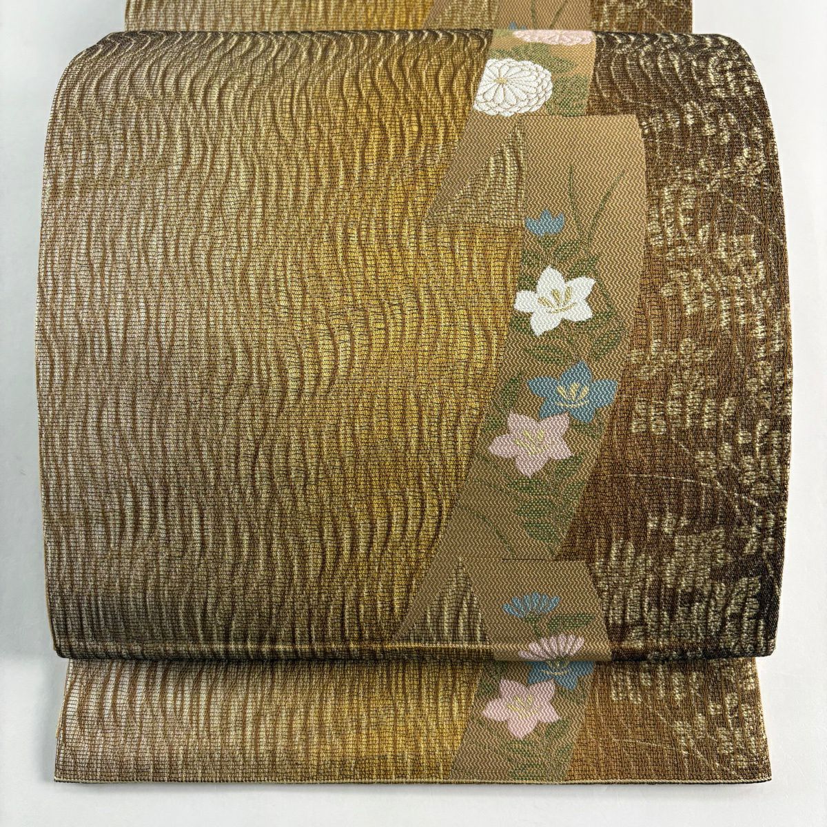 【美品】 袋帶 名品級 落款あり 寺田寛志 全通泥染 短冊 菊花 金金箔 山吹茶 純蠶絲