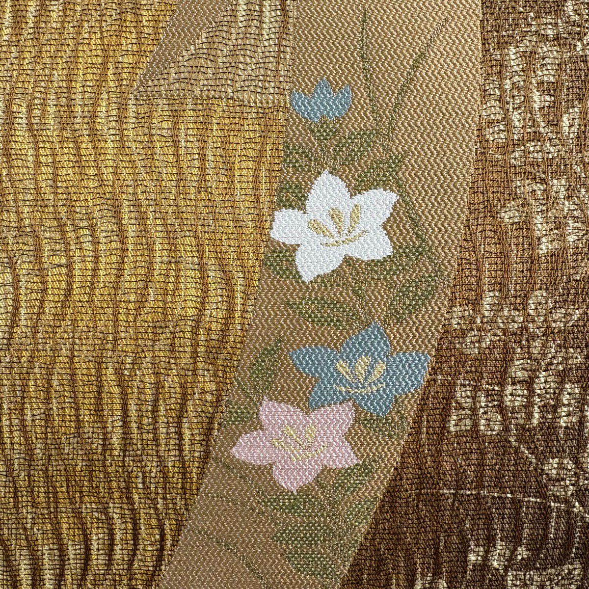 【美品】 袋帶 名品級 落款あり 寺田寛志 全通泥染 短冊 菊花 金金箔 山吹茶 純蠶絲