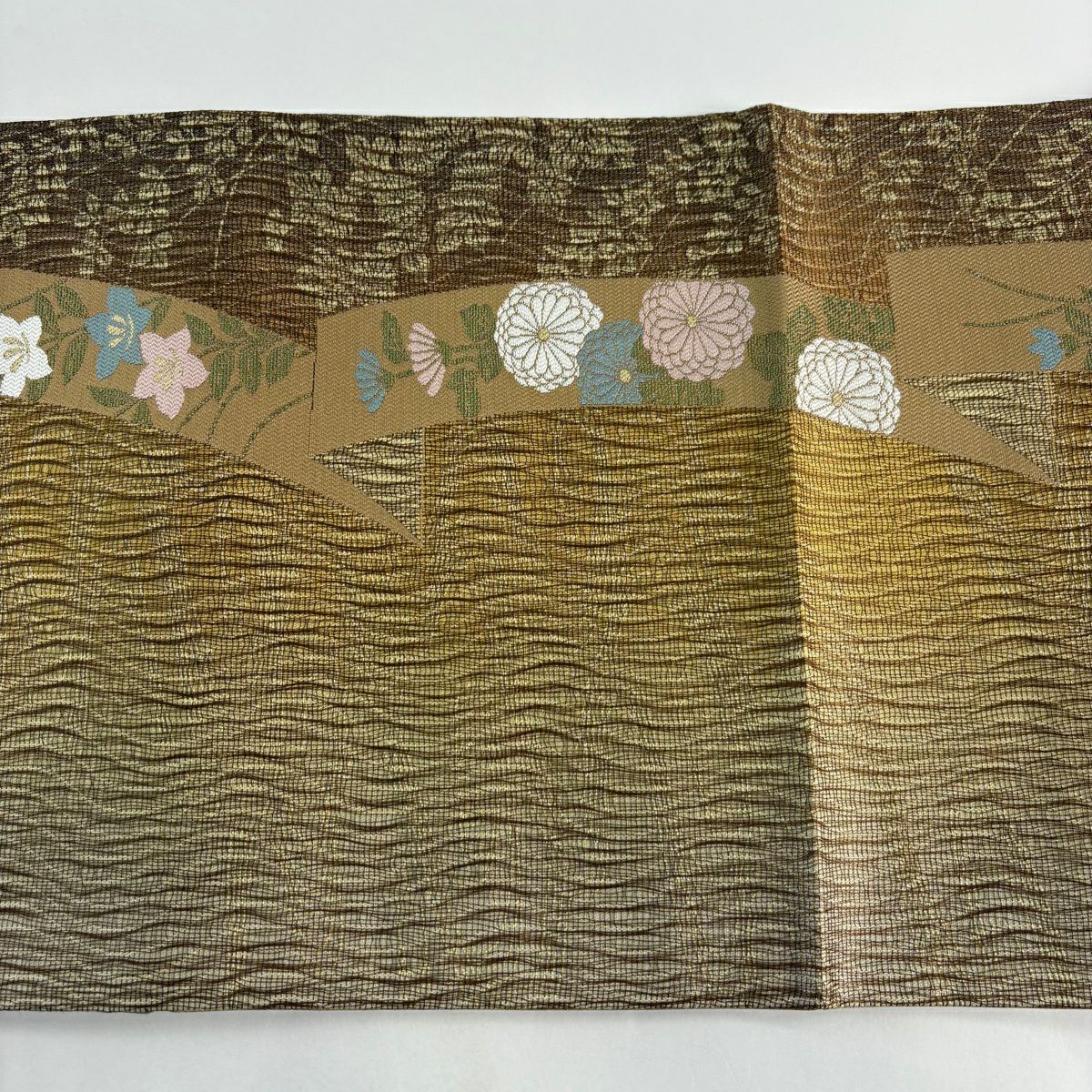 【美品】 袋帶 名品級 落款あり 寺田寛志 全通泥染 短冊 菊花 金金箔 山吹茶 純蠶絲
