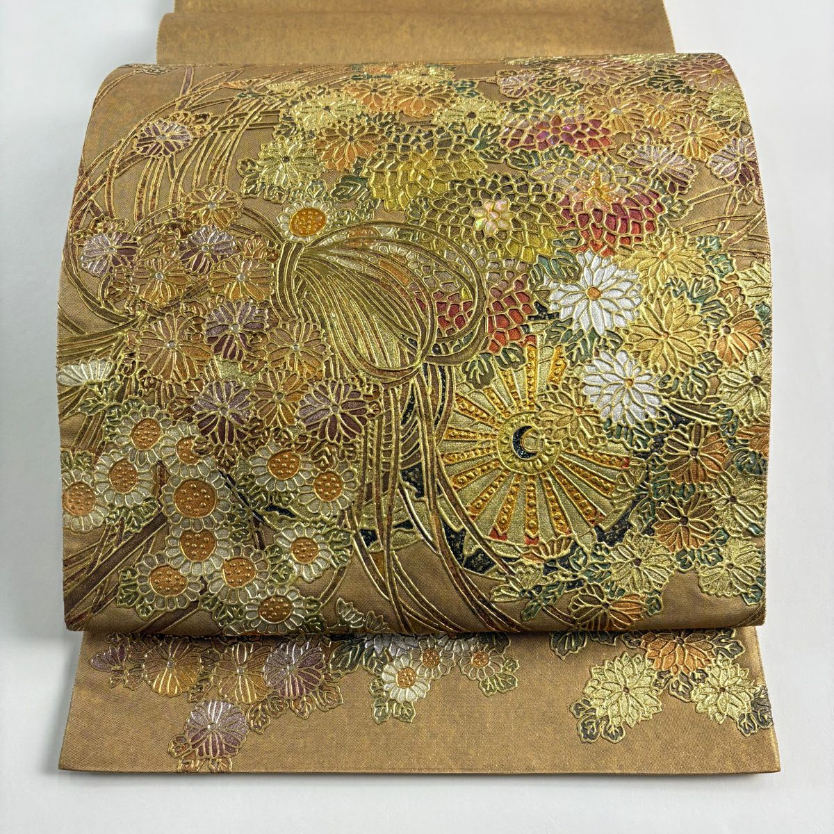 袋帶 名品級 落款 花車 菊花 金銀彩 金金箔 金純蠶絲 お太鼓柄