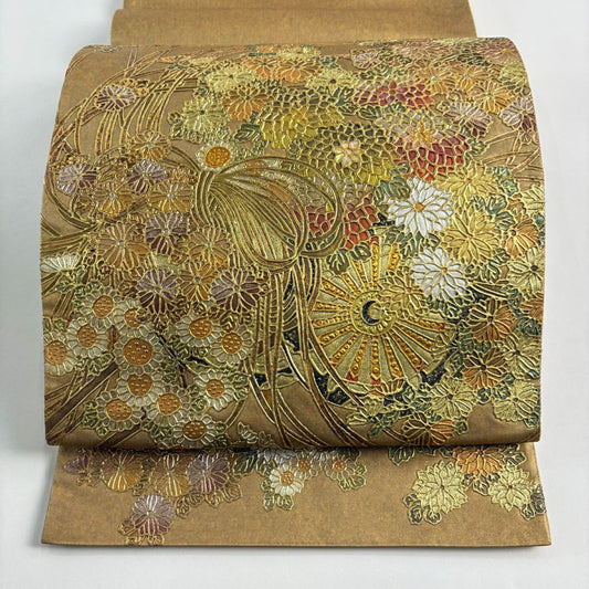 袋帶 名品級 落款 花車 菊花 金銀彩 金金箔 金純蠶絲 お太鼓柄