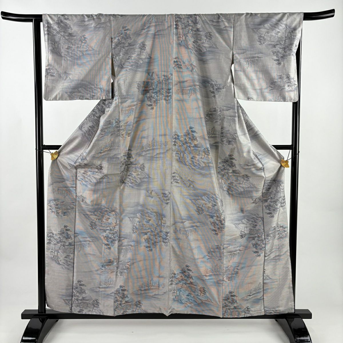 紬織 身長159.5cm 袖長65.5cm M 雙層 建物 樹木 灰紫 純蠶絲 秀品級