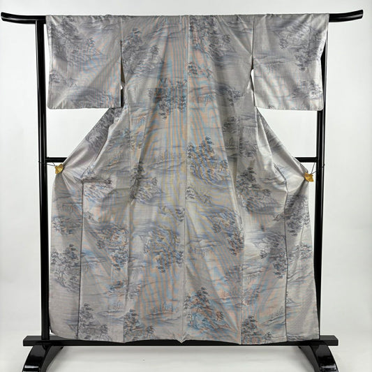 紬織 身長159.5cm 袖長65.5cm M 雙層 建物 樹木 灰紫 純蠶絲 秀品級