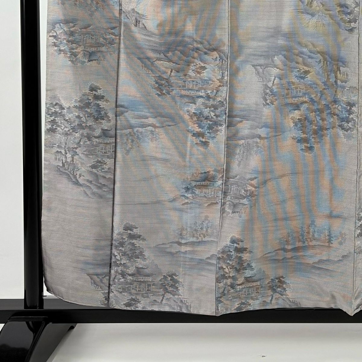 紬織 身長159.5cm 袖長65.5cm M 雙層 建物 樹木 灰紫 純蠶絲 秀品級
