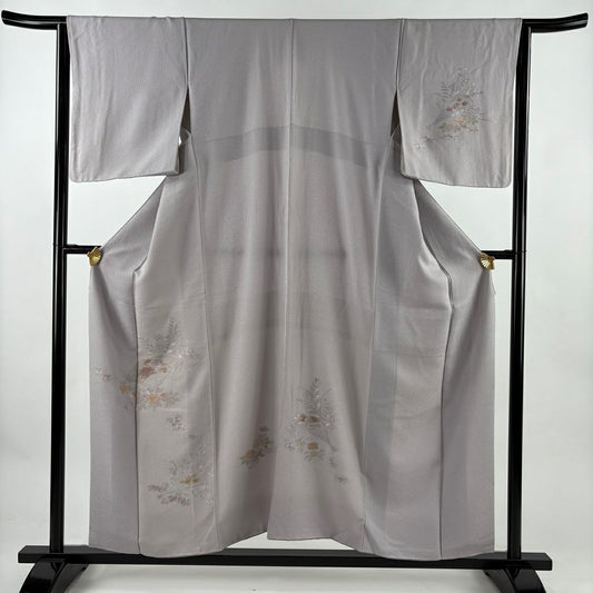 付下 身長156cm 袖長64cm M 雙層 扇子 草花紋紋 刺繡 金糸 灰紫 純蠶絲 秀品級