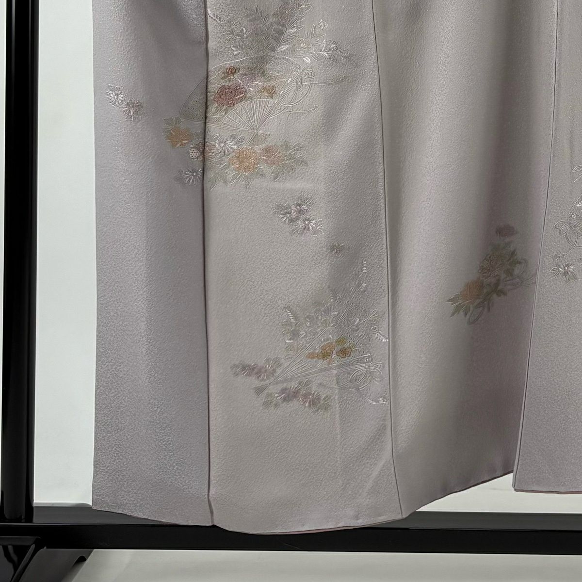 付下 身長156cm 袖長64cm M 雙層 扇子 草花紋紋 刺繡 金糸 灰紫 純蠶絲 秀品級
