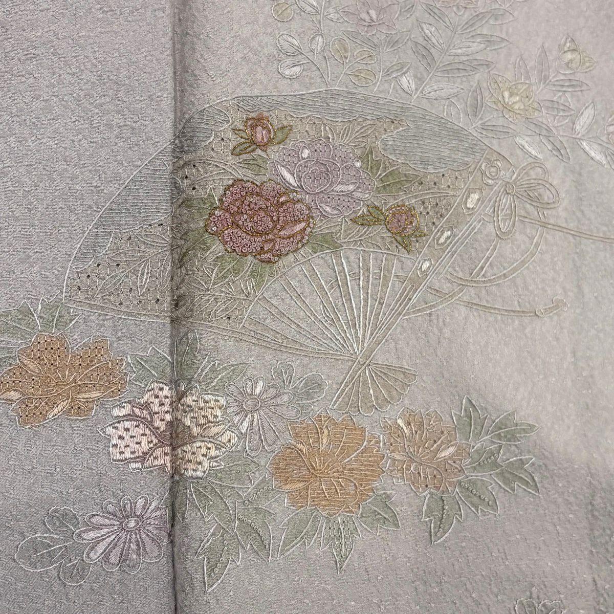 付下 身長156cm 袖長64cm M 雙層 扇子 草花紋紋 刺繡 金糸 灰紫 純蠶絲 秀品級