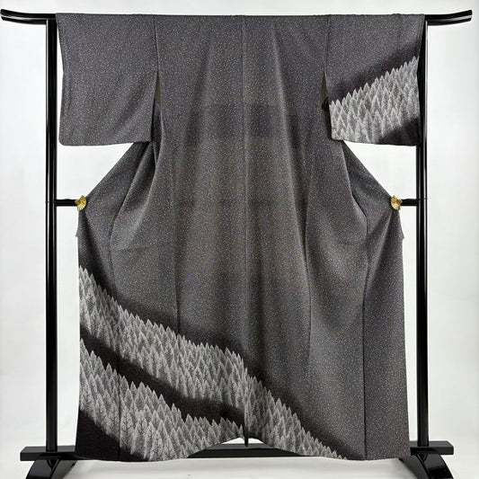【美品】 付下 身長158.5cm 袖長64cm M 雙層 樹木 染分 ぼかし 黑 純蠶絲 秀品級
