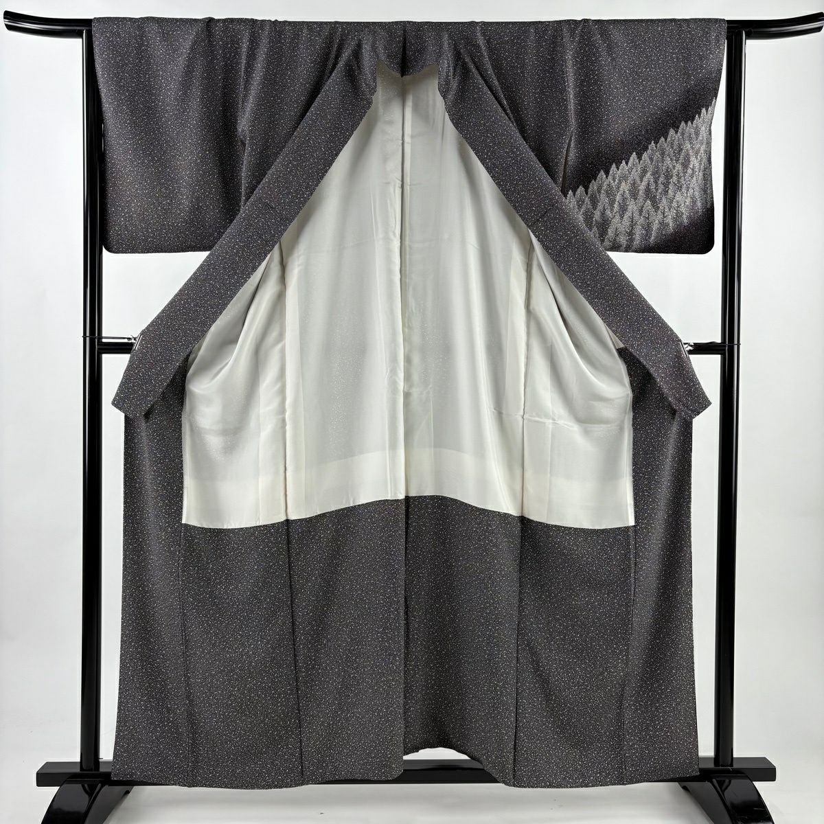 【美品】 付下 身長158.5cm 袖長64cm M 雙層 樹木 染分 ぼかし 黑 純蠶絲 秀品級
