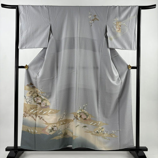 訪問服 身長159cm 袖長64cm M 雙層 扇子面 花鳥 金絲 金銀彩 灰 純蠶絲 秀品級