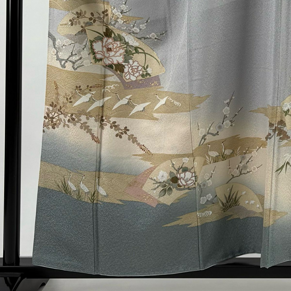訪問服 身長159cm 袖長64cm M 雙層 扇子面 花鳥 金絲 金銀彩 灰 純蠶絲 秀品級