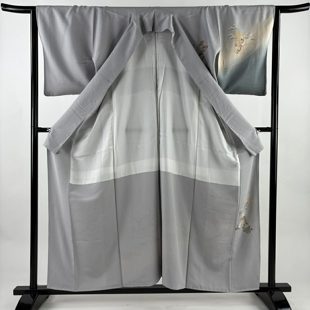 訪問服 身長159cm 袖長64cm M 雙層 扇子面 花鳥 金絲 金銀彩 灰 純蠶絲 秀品級