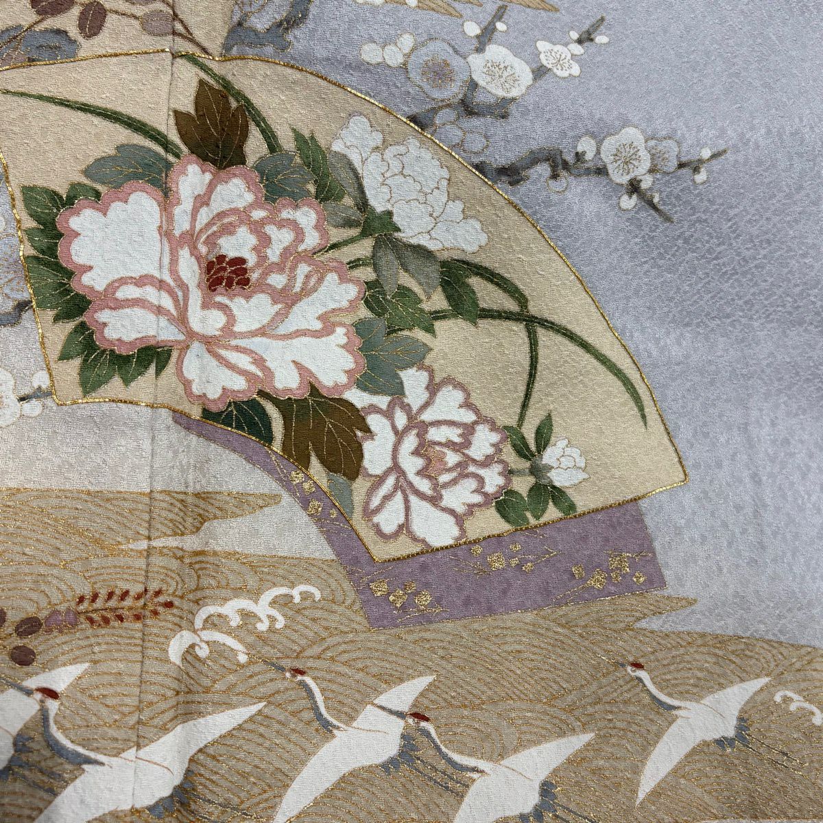 訪問服 身長159cm 袖長64cm M 雙層 扇子面 花鳥 金絲 金銀彩 灰 純蠶絲 秀品級