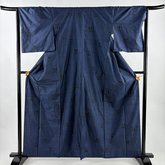 【美品】 紬織 身長161cm 袖長67.5cm L 雙層 遠州椿 幾何圖案 深藍 純蠶絲 優品級