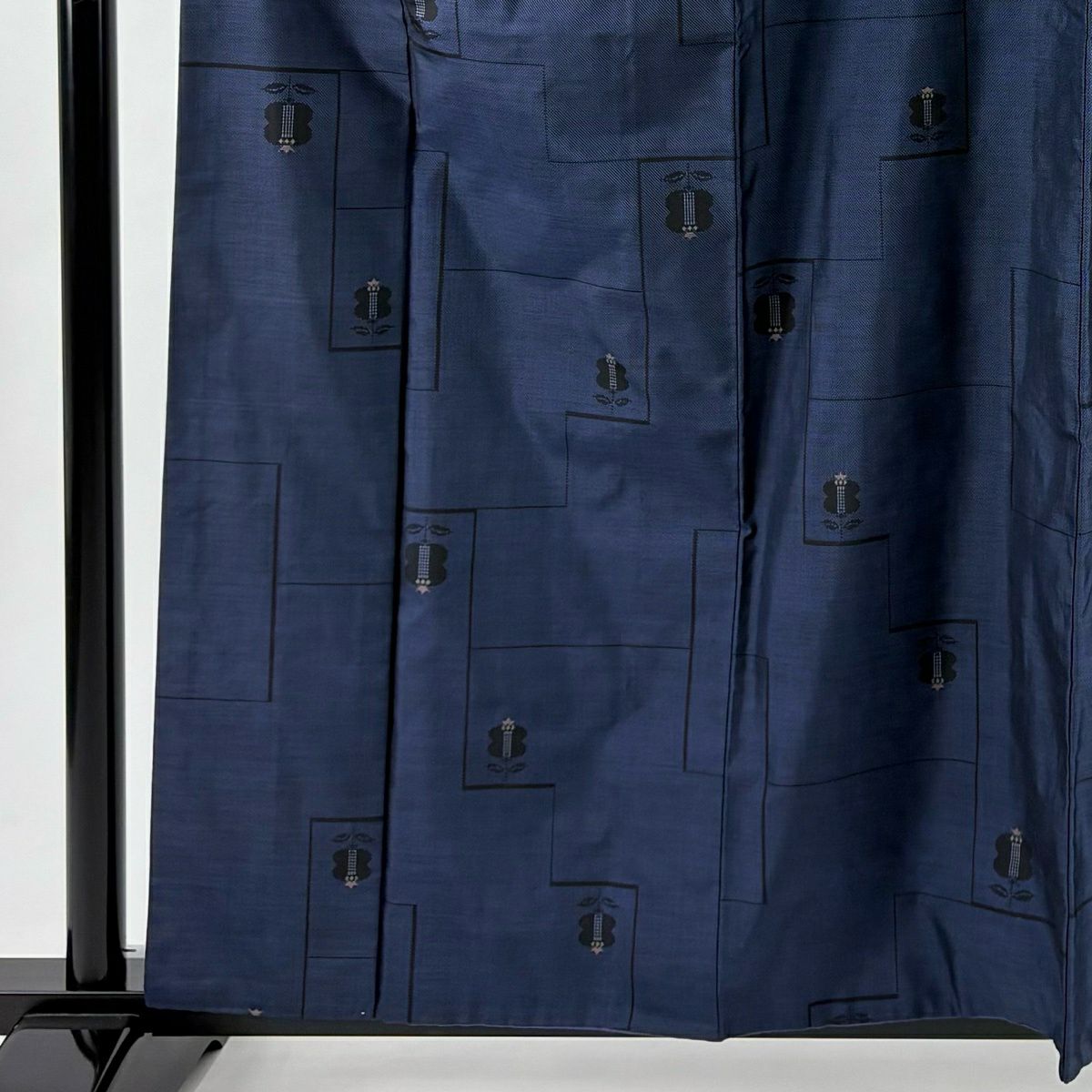 【美品】 紬織 身長161cm 袖長67.5cm L 雙層 遠州椿 幾何圖案 深藍 純蠶絲 優品級