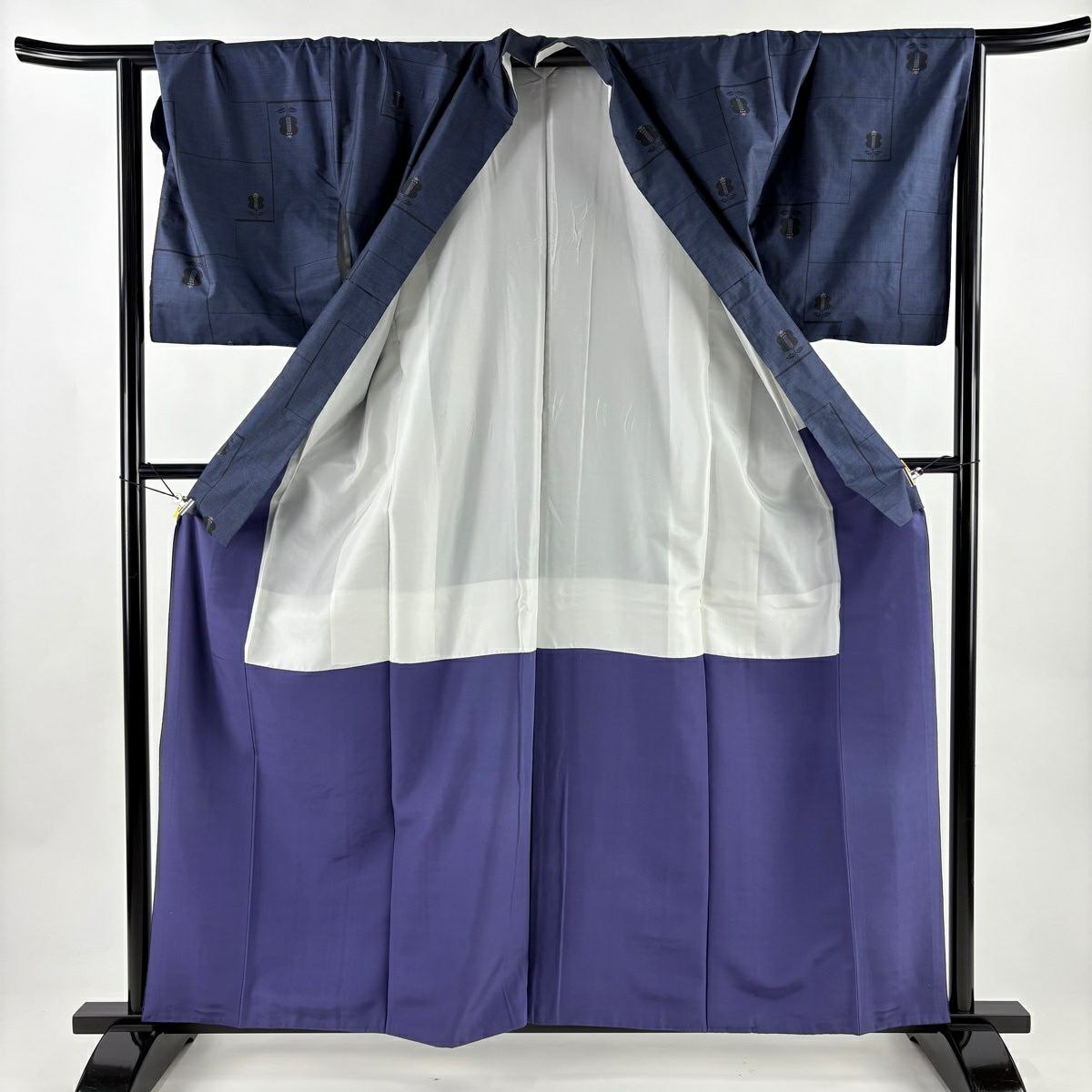 【美品】 紬織 身長161cm 袖長67.5cm L 雙層 遠州椿 幾何圖案 深藍 純蠶絲 優品級