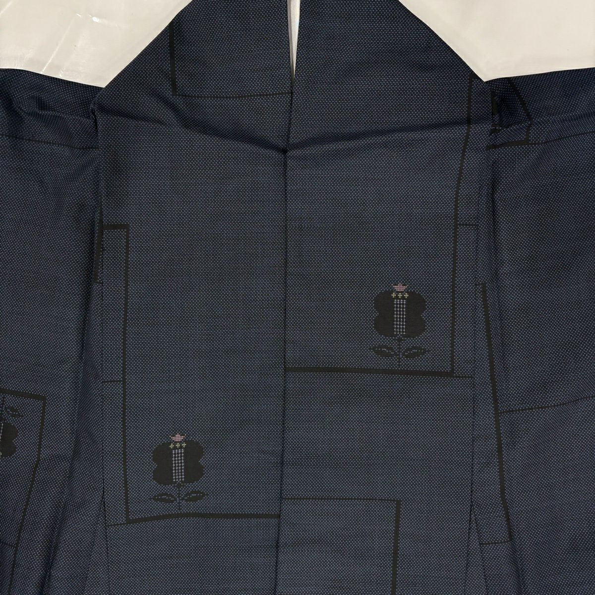【美品】 紬織 身長161cm 袖長67.5cm L 雙層 遠州椿 幾何圖案 深藍 純蠶絲 優品級
